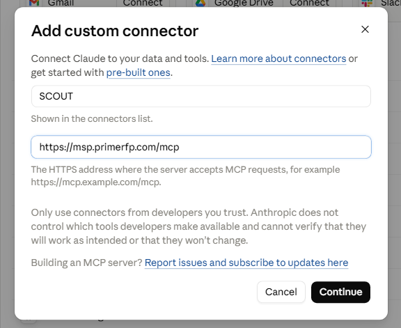 Add custom connector dialog with Name and URL