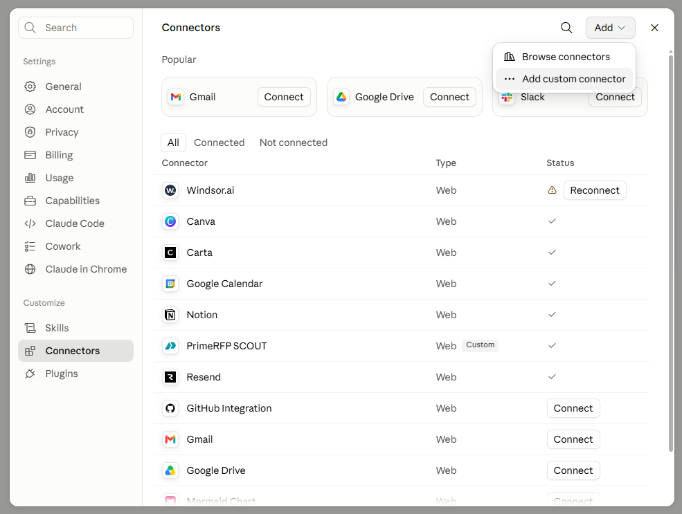 Claude Connectors page with the Add menu open on Add custom connector