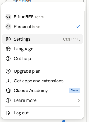 Claude web profile menu with Settings selected